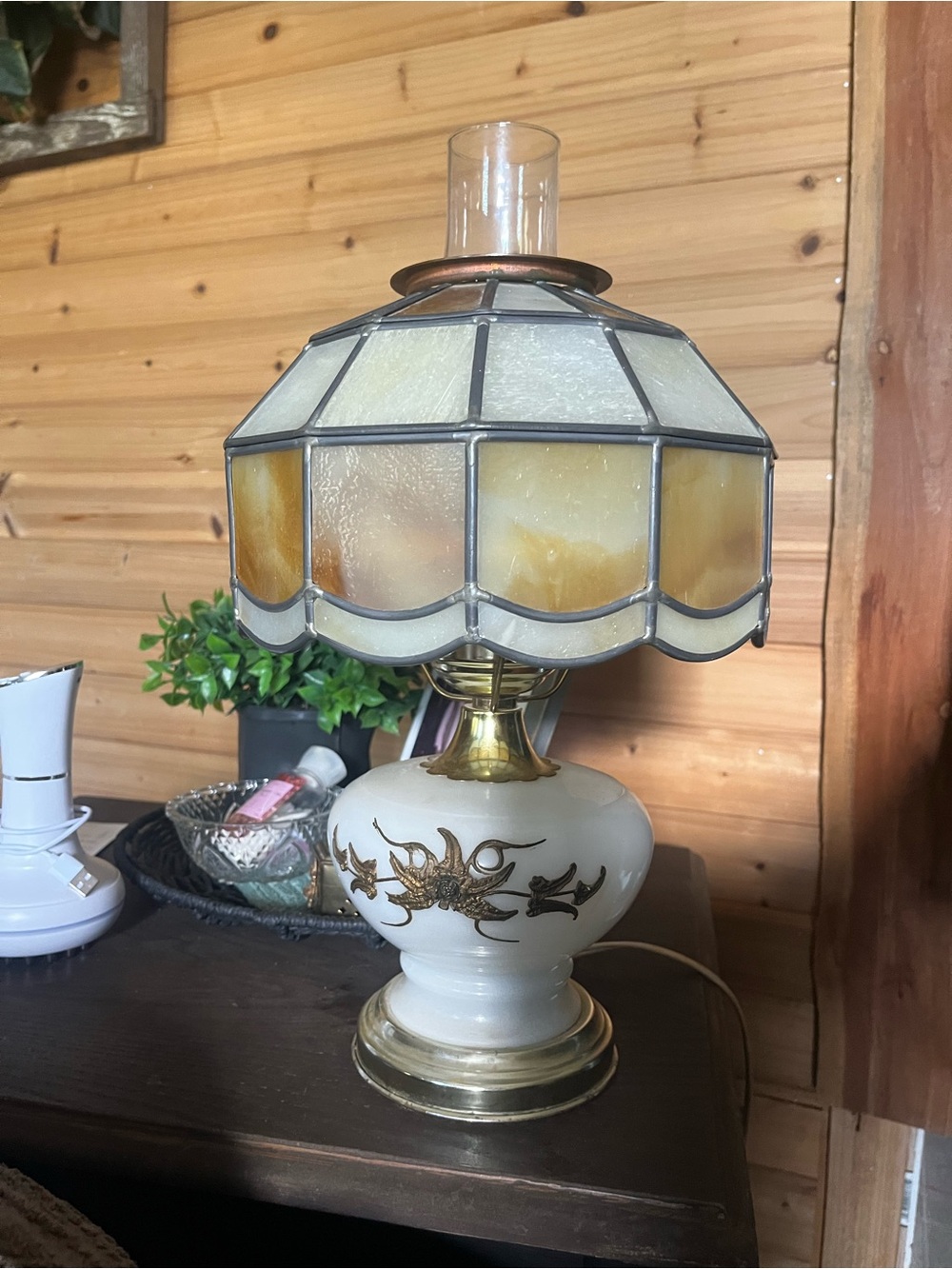 Vintage Milk Glass Hurricane Lamp Tiffany Style Slag Glass Shade Brass Base